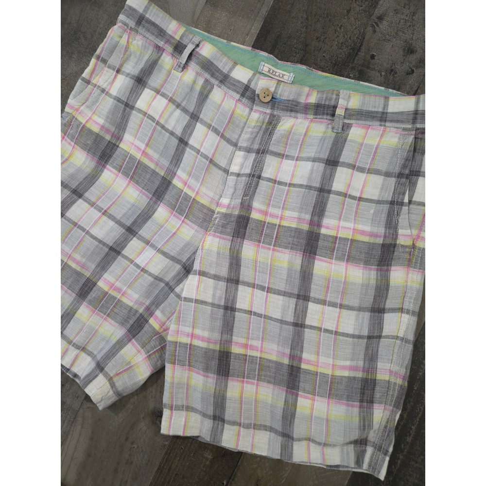 Tommy Bahama Relax Men's Size 36 100% Linen Plaid Summer Flat Front Chino Shorts